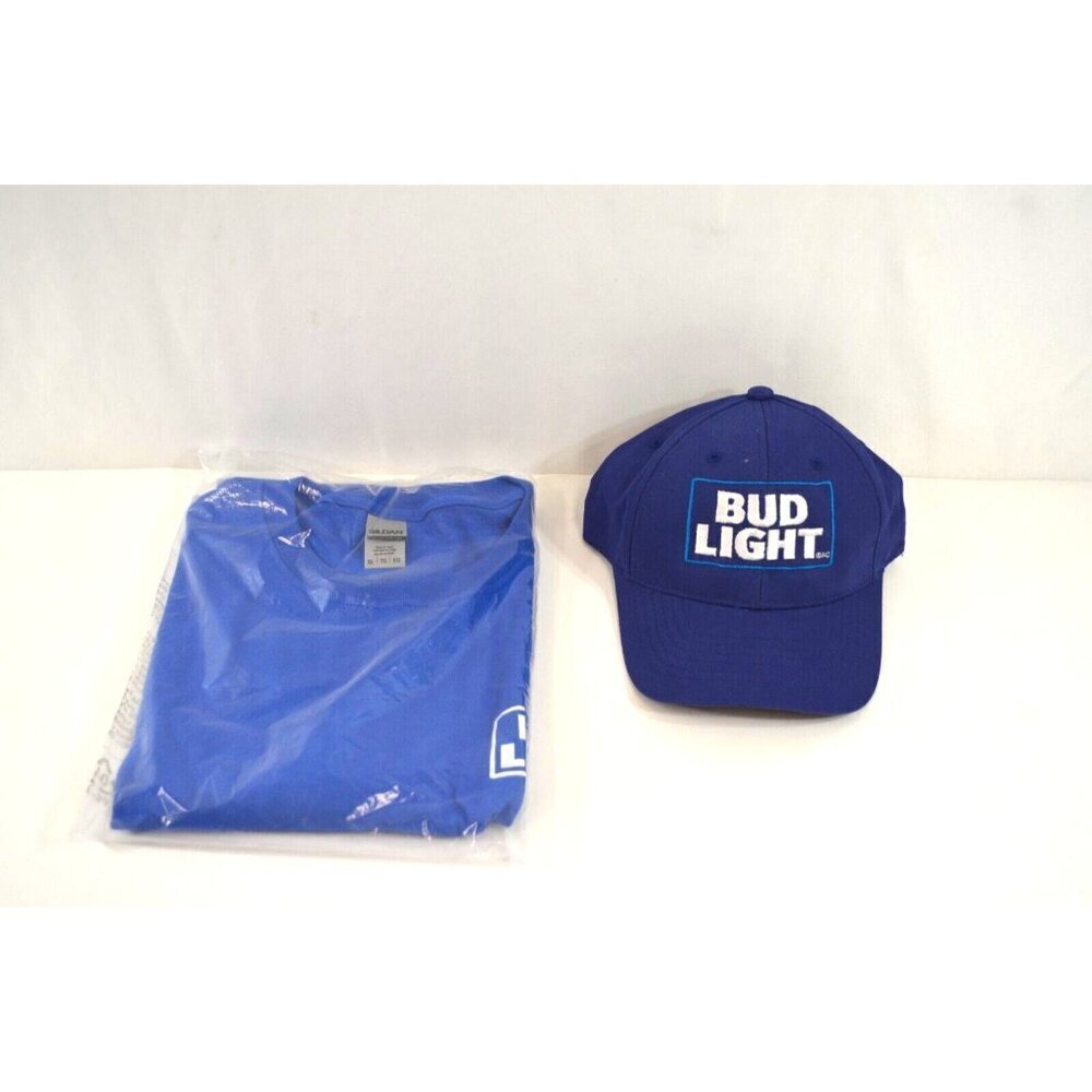 3/$30! Bud Lite Hat + Mens XL Heavy Cotton T-Shirt Blue Beer Swag NWT Gildan
